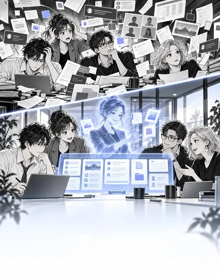 A team buried in loose notes above, then the same team calm around a RoomAgent showing organized cards on one screen.