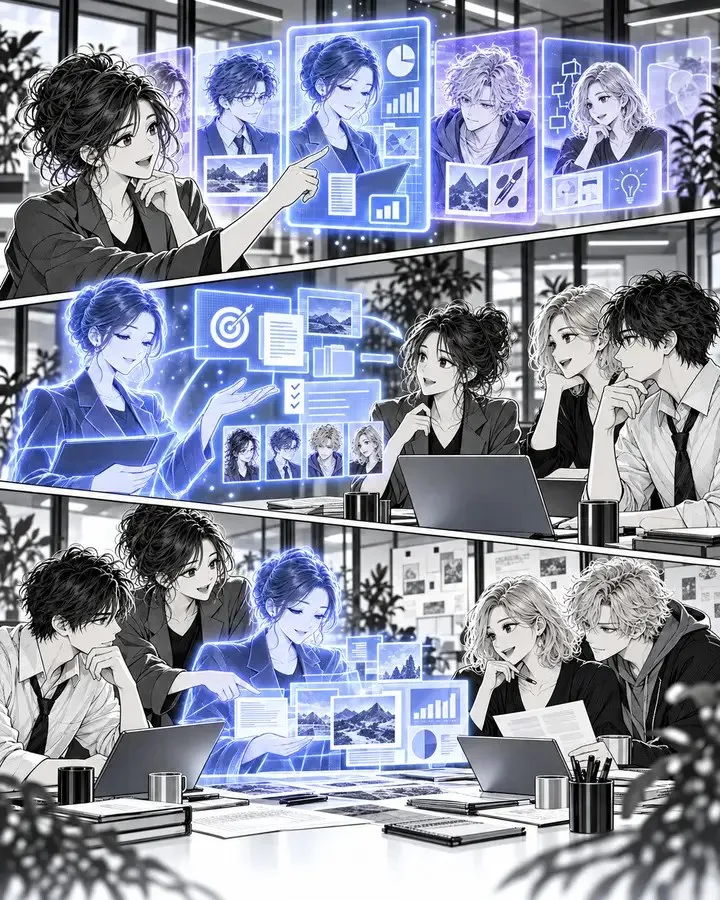 A woman pointing at a wall of holographic agent portraits, then the chosen agents sitting with the team at the table.