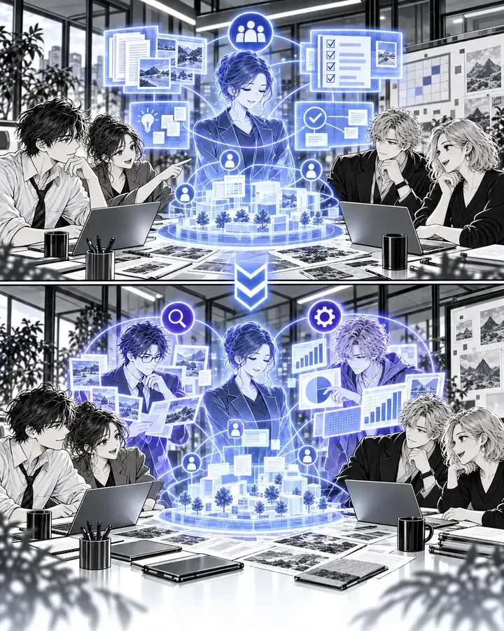 A RoomAgent above a glowing table of room files, then specialist agents joining it under one shared dome.