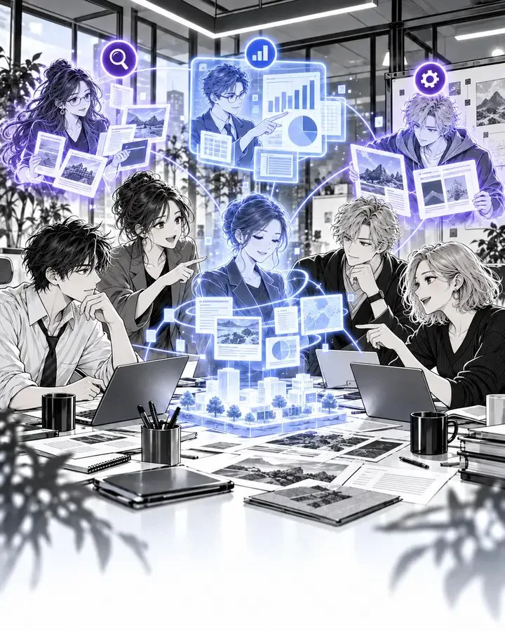 Three holographic agents debating with charts between them while three coworkers listen and one points to decide.