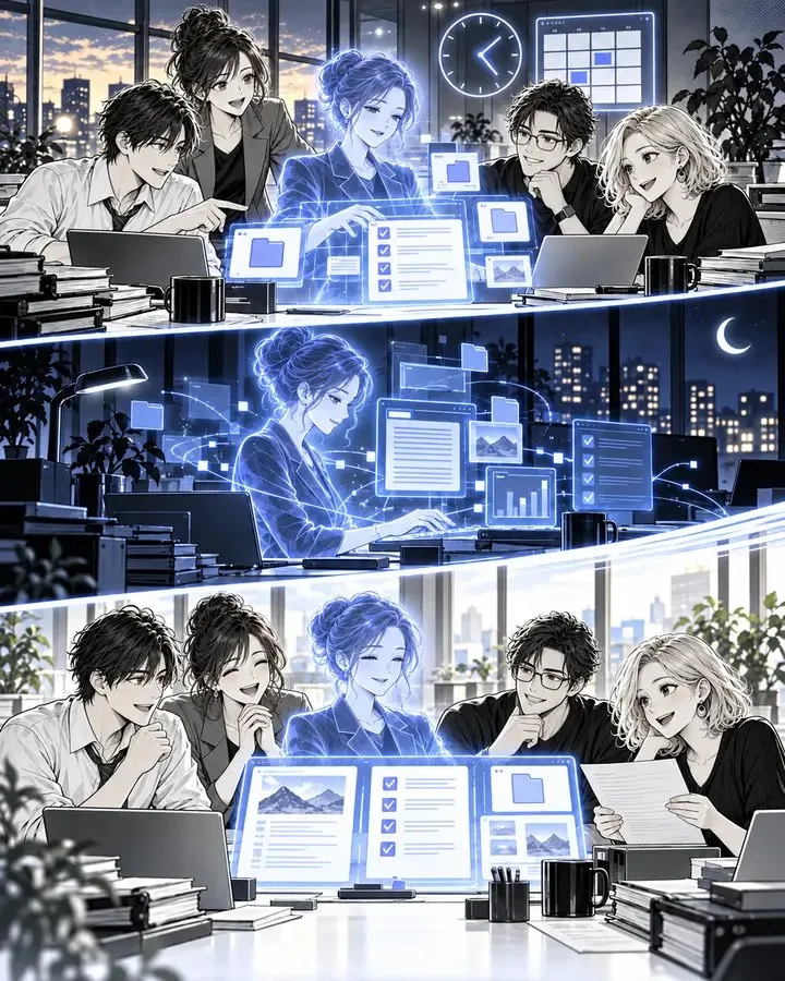 A team leaving a holographic agent at a clock and calendar, the agent working under a night moon, the team reading its report in the morning.