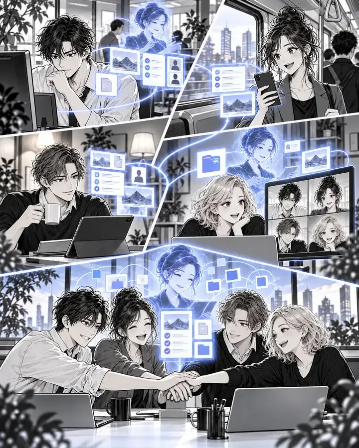 A man on a phone, a woman at a desktop and a video call, then the group together at one table with the same room open.