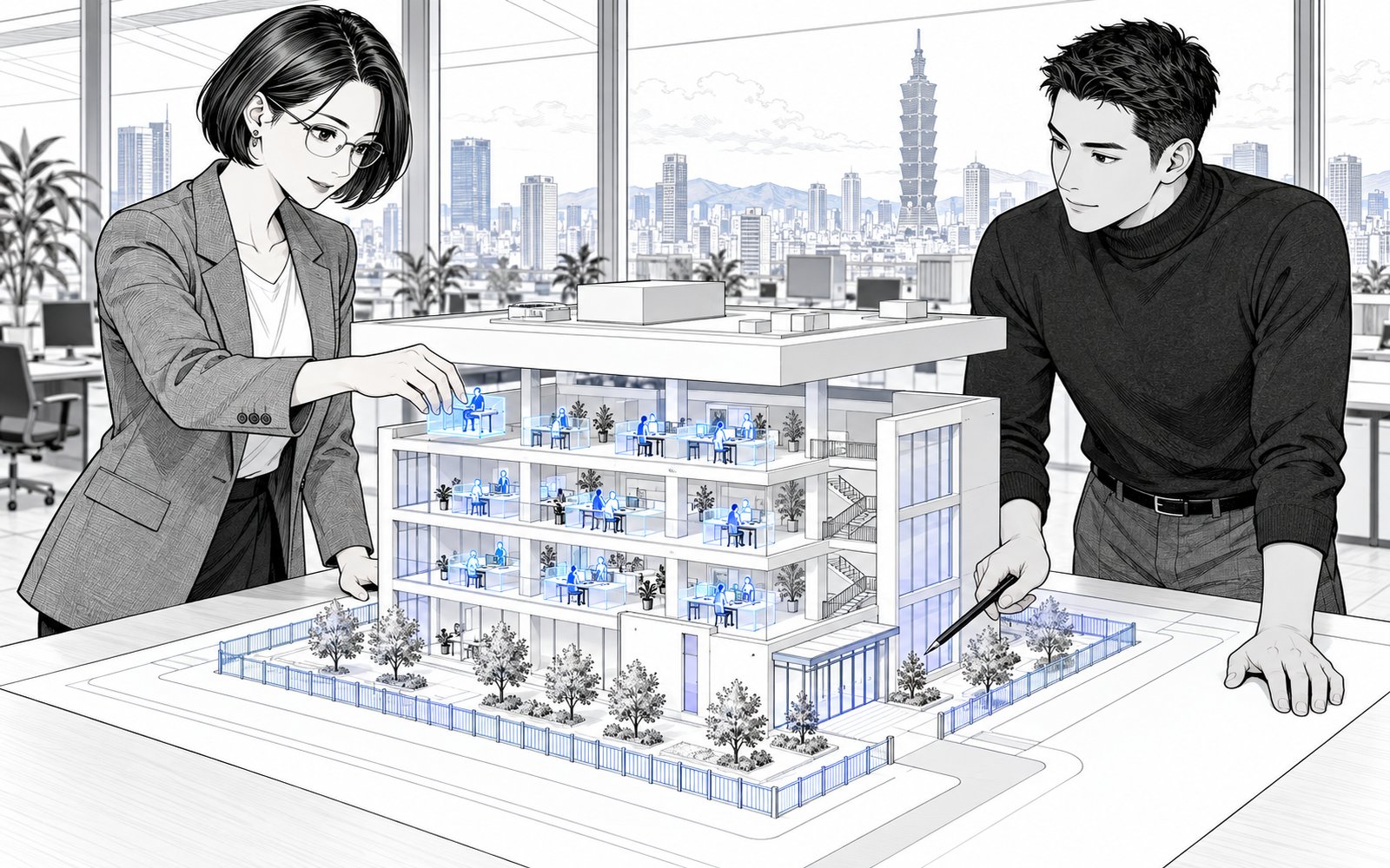 Un responsable de plataforma y una ingeniera de seguridad colocan diminutos escritorios luminosos de agentes en una maqueta a escala de su propio edificio de oficinas.