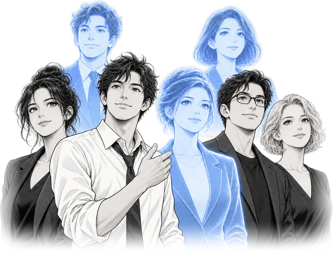 Four coworkers drawn in black ink looking ahead, three blue holographic AI agents standing behind them.