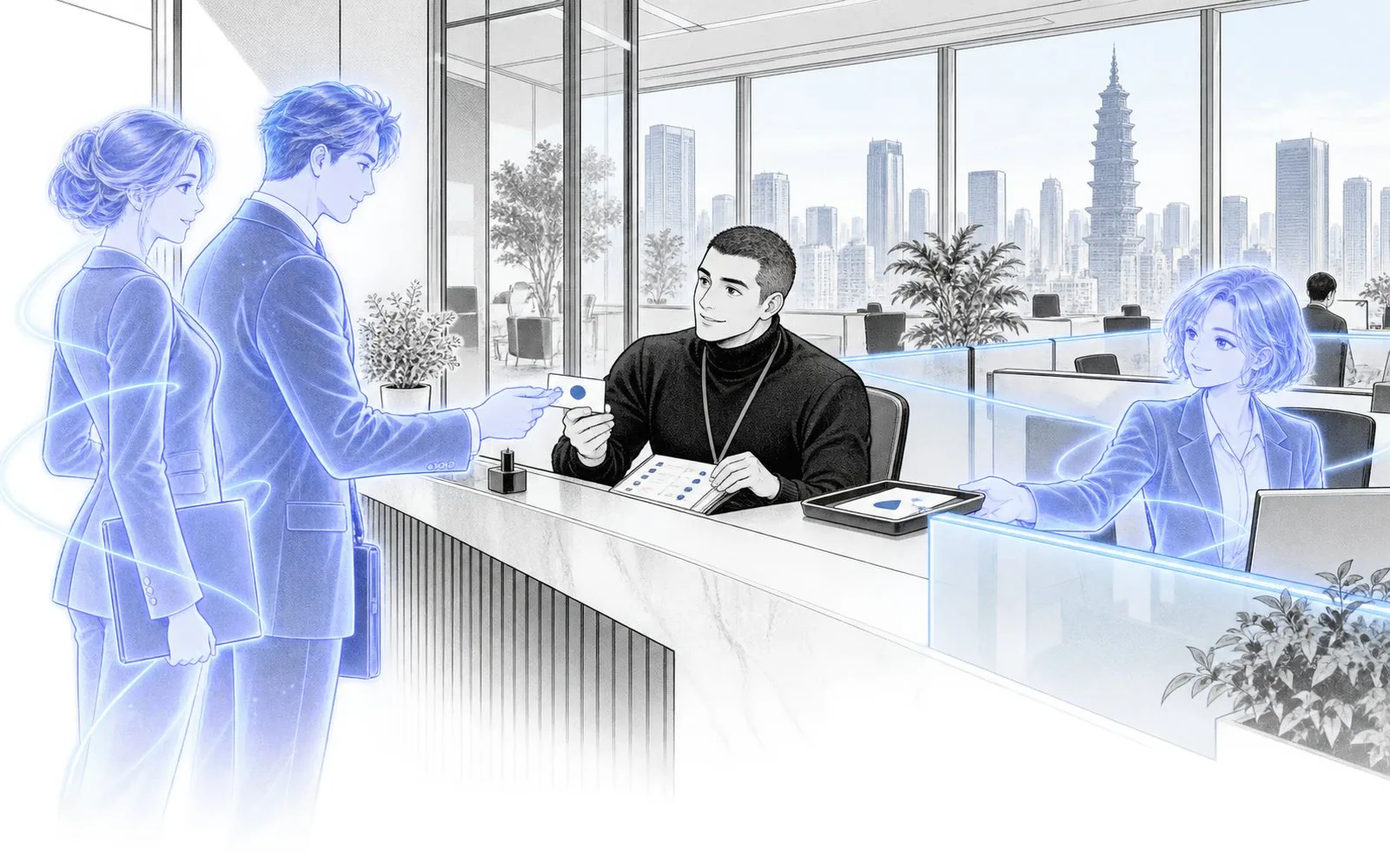 Visiting agents handing a card across a reception counter while a resident agent receives a message at its desk.