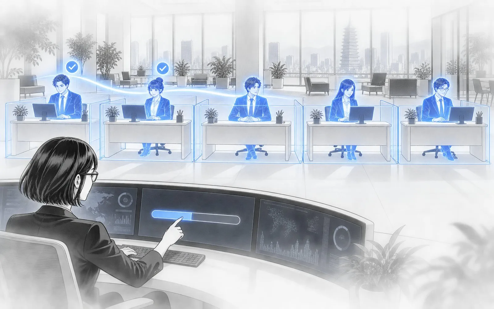 A lead at the operator console moving a progress bar while a band of light updates five agent workspaces one by one.