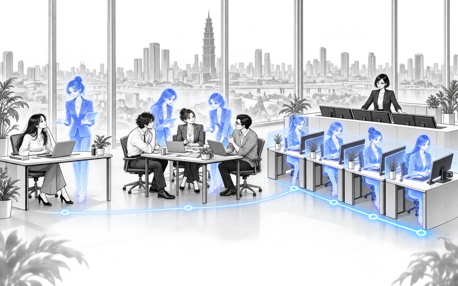 An office read left to right: one employee with one agent, then a team with two agents, then a row of agent workspaces overseen from a console.