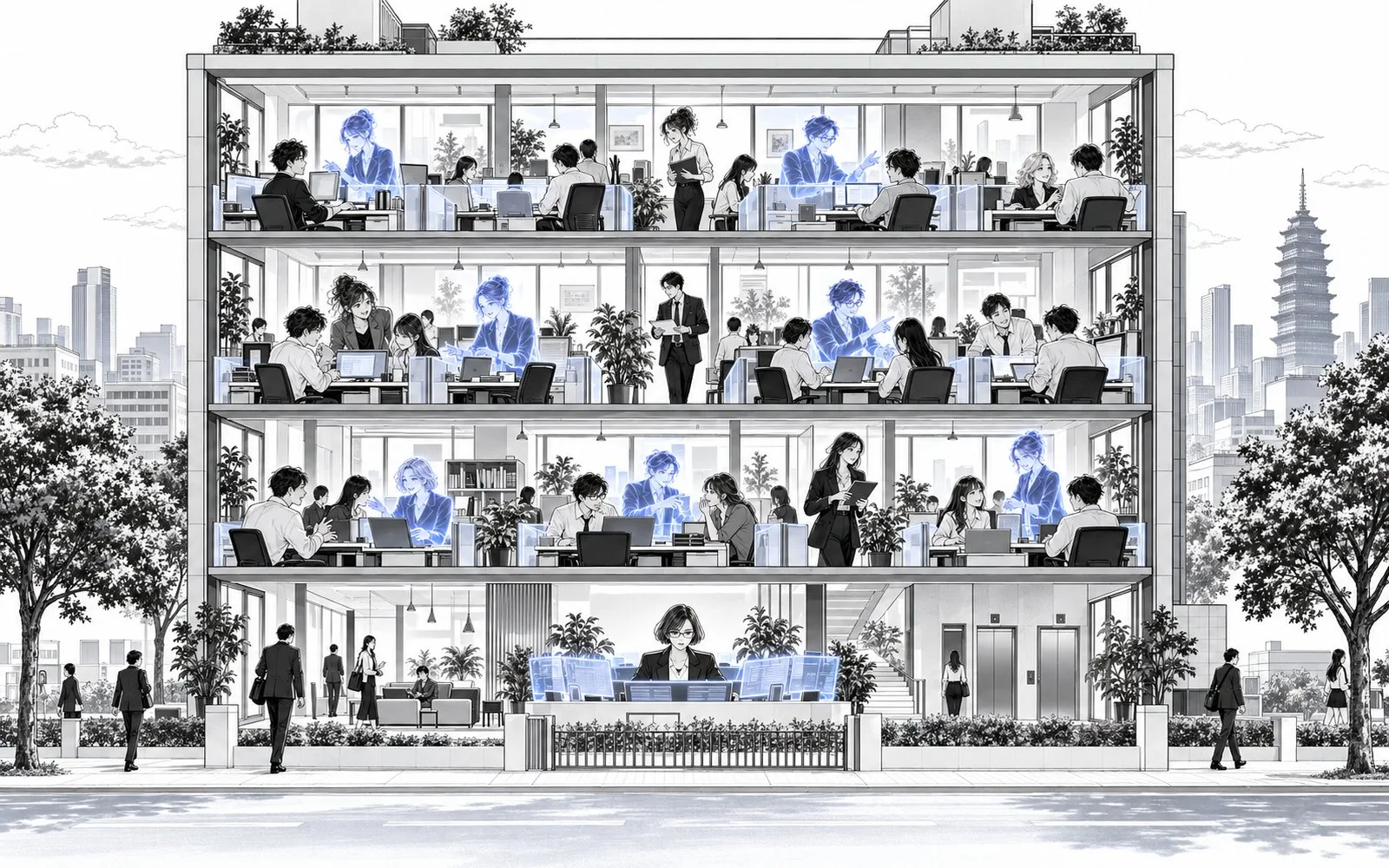 A cutaway office building where employees and agents work at desks and an operator console sits on the ground floor, inside its own garden fence.