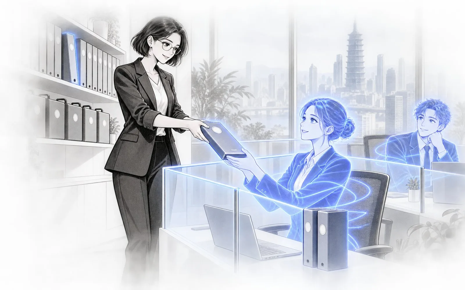 A lead handing a glowing binder from a shelf over a low partition to an agent at its desk.