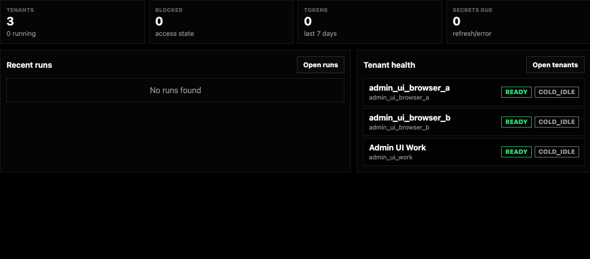 Hermes Hub dashboard showing tenant health and recent runtime operations.
