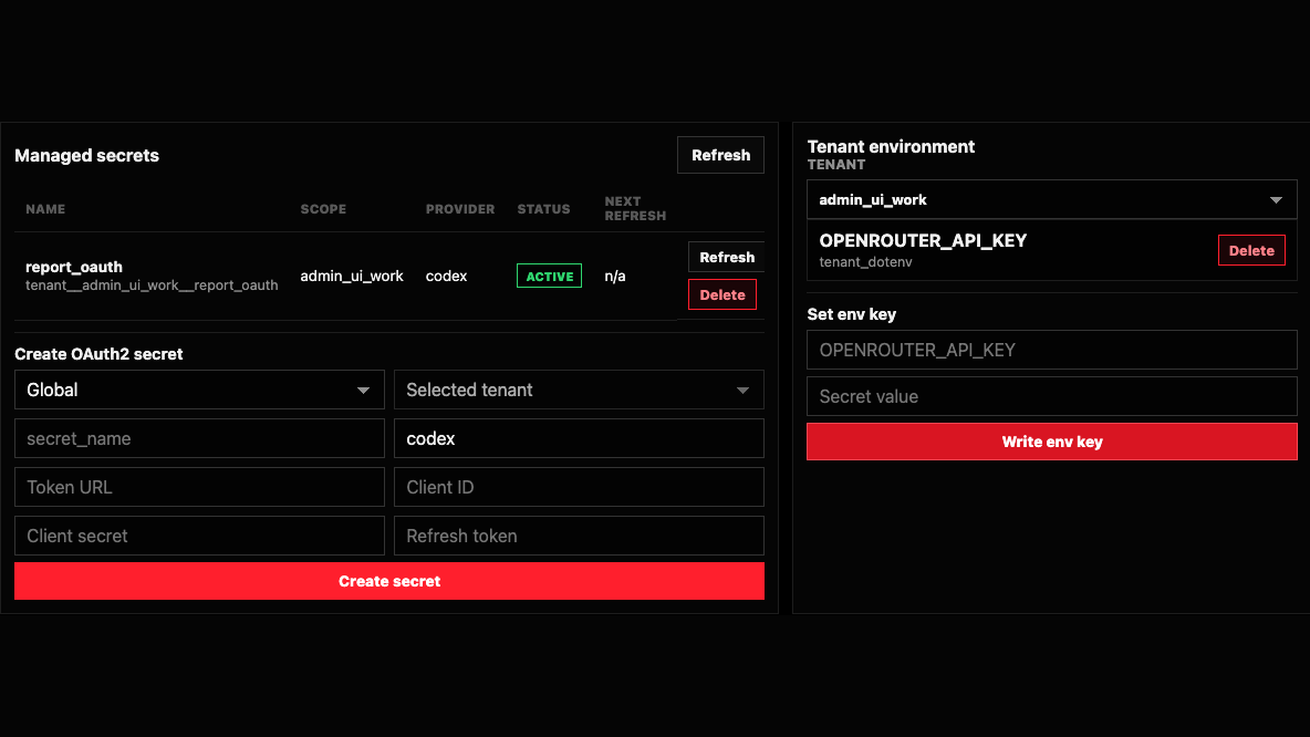Hermes Hub secrets and tenant environment screen showing managed secret metadata and tenant environment key management.
