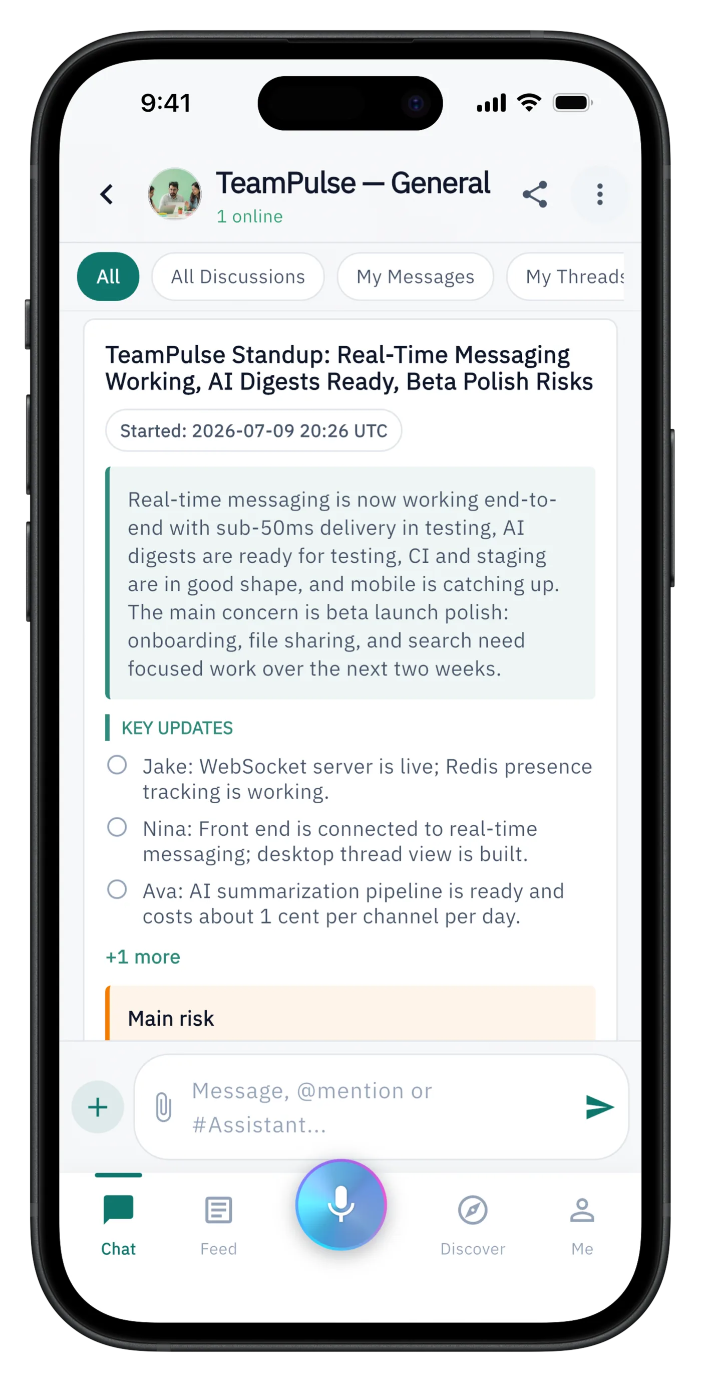 A pinned @all message listing feature candidates, with the team voting by reactions.