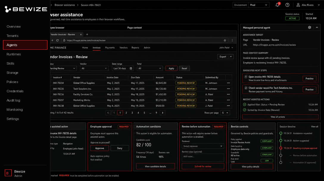 Browser mockup showing employee browser page context, managed personal agent, visible assisted action, employee approval, automation candidate, review before automation, and Bewize controls.